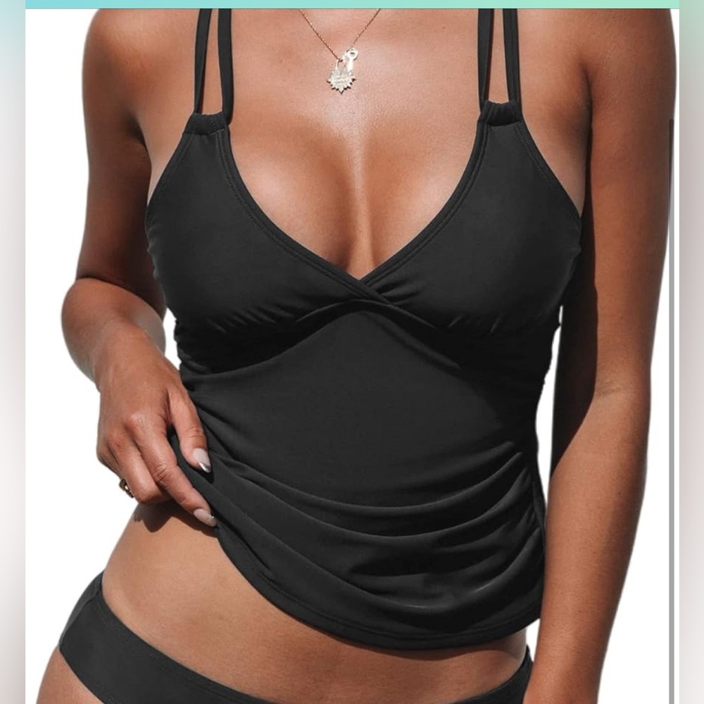 NWOT Cupshe Black Tankini V Neck Ruched Cross Back Small